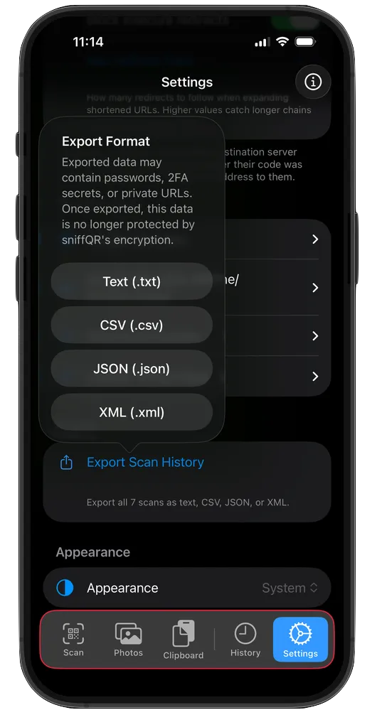History & Export 2. Example scans. Service results are simulated.