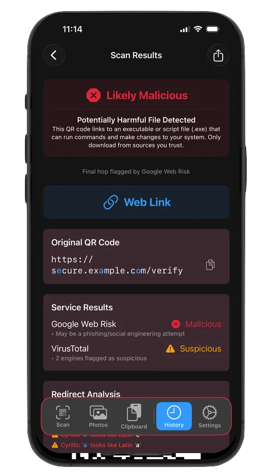 Threat Intelligence. Example scan. Service results are simulated.